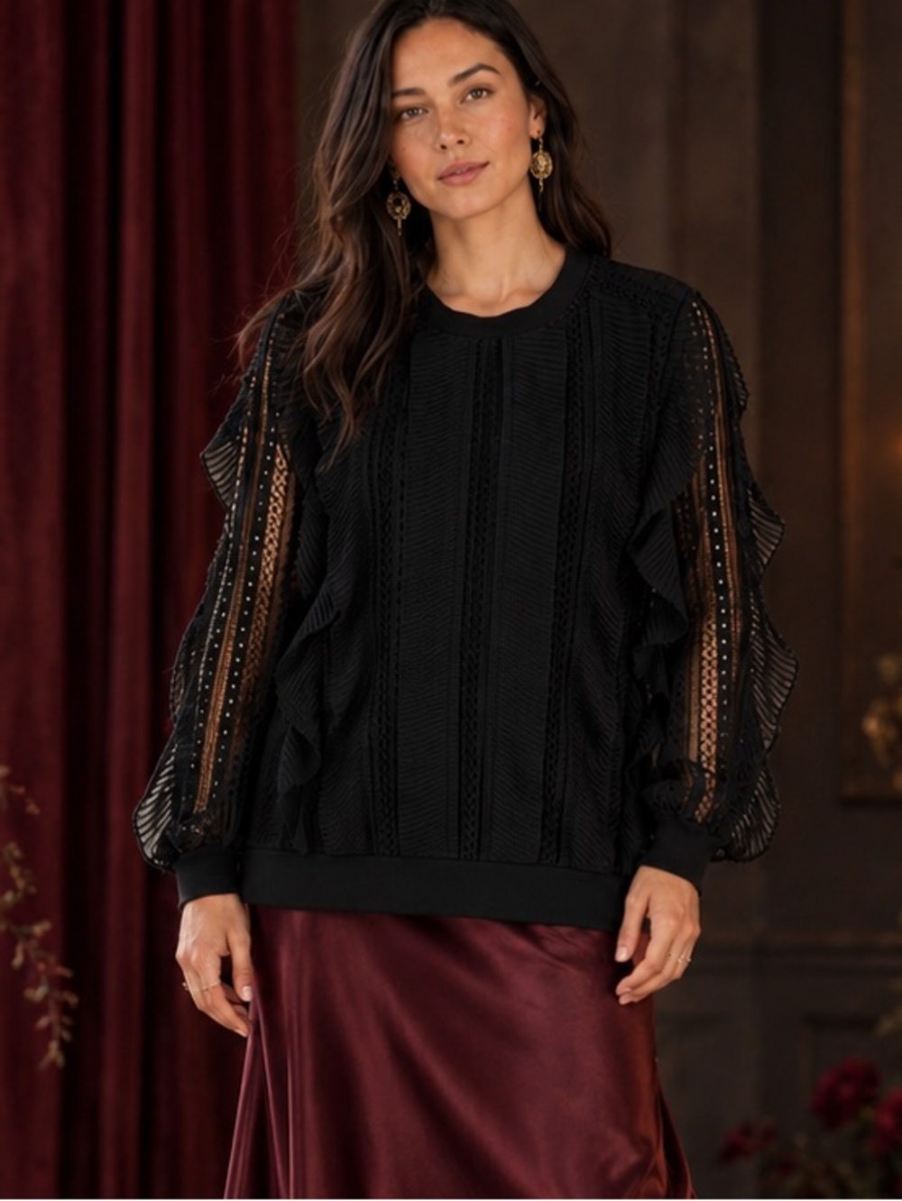 Anthropologie Daniel Rainn Black Lace Sheer Sleeve Blouse Medium Romantic Gothic